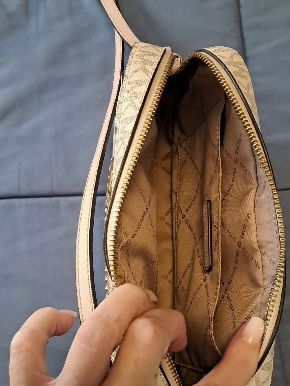 Michael Kors Beige Monogram and Pink Trim Crossbody Bag
